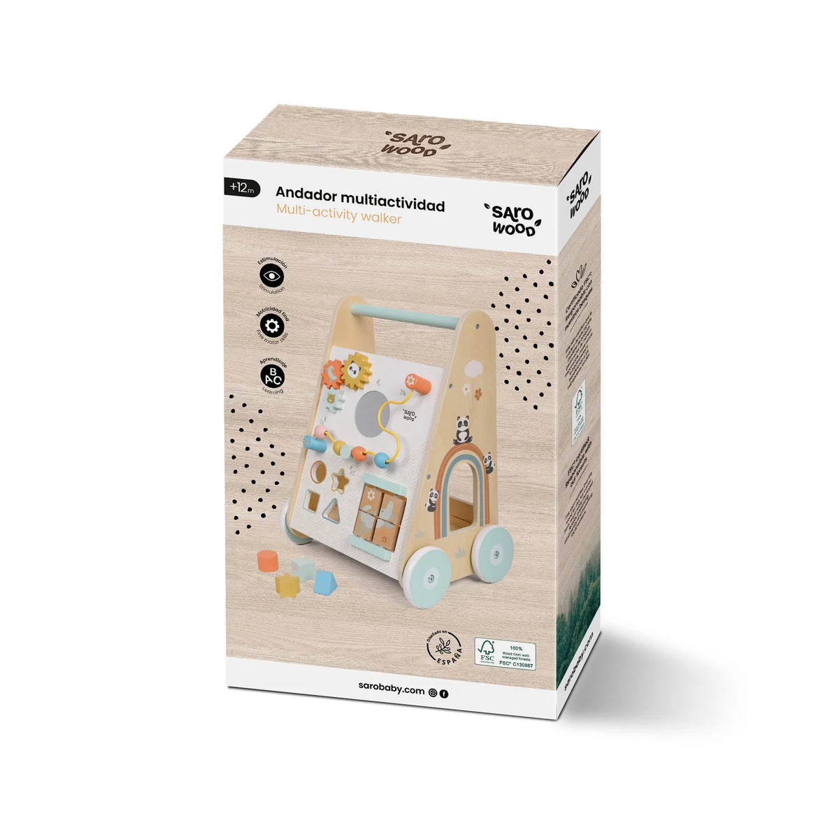 Antemergator cu Activitati din Lemn FSC Saro Baby , 7 Jocuri Interactive, Roti Anti-Alunecare Montessori 12M+