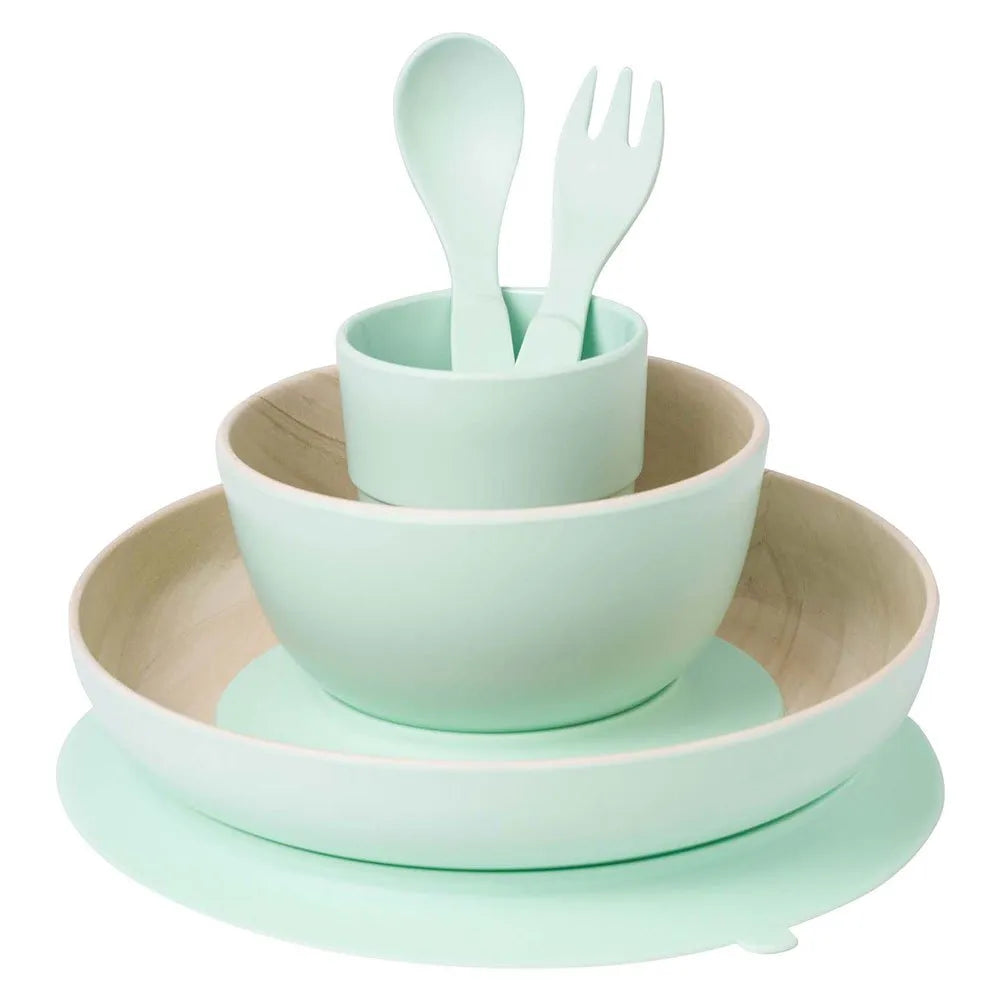 Set complet de masa, 5 piese, cu ventuza,   Nordic   Mint ,   Farfurie, Castron, Cana, Lingurita, Furculita   Efect Lemn