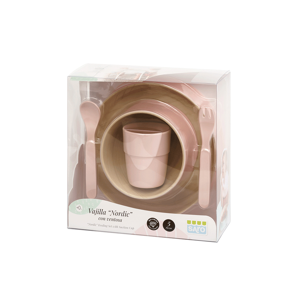 Set complet de masa, 5 piese, cu ventuza,   Nordic   Roz ,   Farfurie, Castron, Cana, Lingurita, Furculita   Efect Lemn