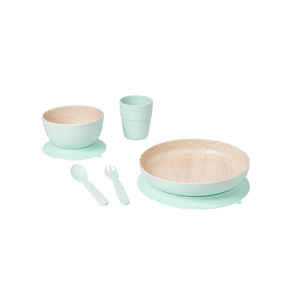 Set complet de masa, 5 piese, cu ventuza,   Nordic   Mint ,   Farfurie, Castron, Cana, Lingurita, Furculita   Efect Lemn