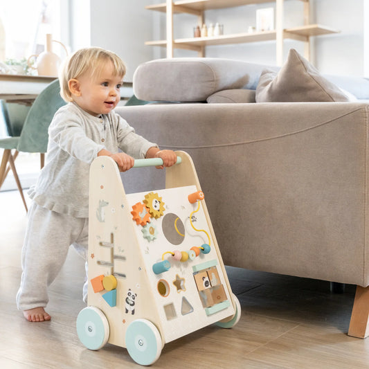 Antemergator cu Activitati din Lemn FSC Saro Baby ,   7 Jocuri Interactive, Roti Anti-Alunecare   Montessori 12M+