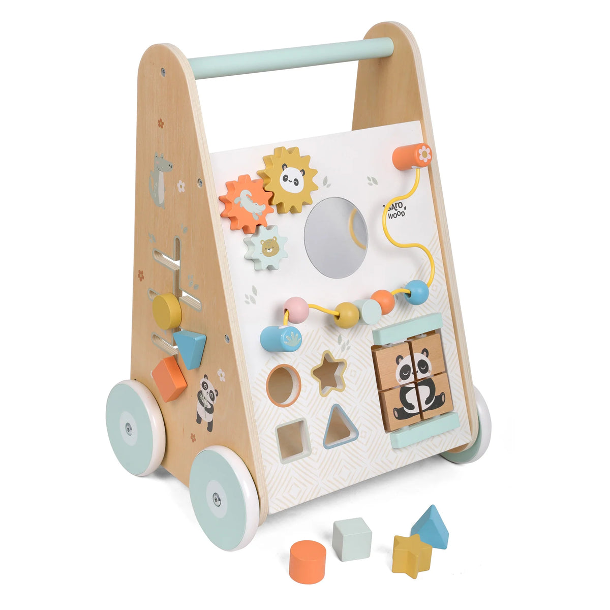 Antemergator cu Activitati din Lemn FSC Saro Baby ,   7 Jocuri Interactive, Roti Anti-Alunecare   Montessori 12M+