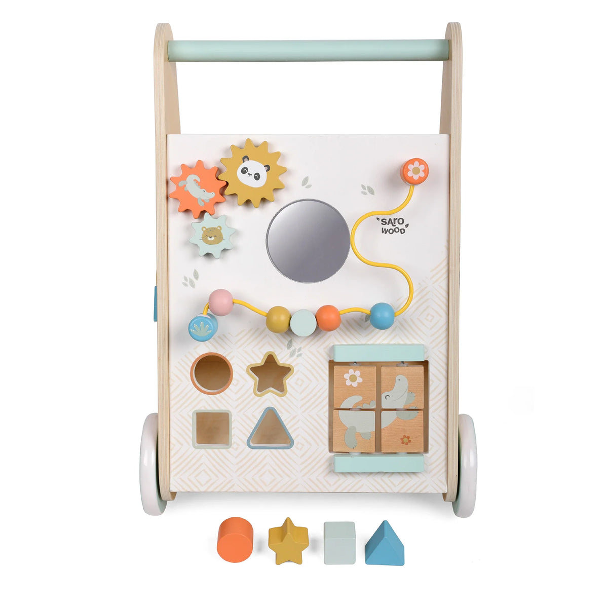 Antemergator cu Activitati din Lemn FSC Saro Baby ,   7 Jocuri Interactive, Roti Anti-Alunecare   Montessori 12M+