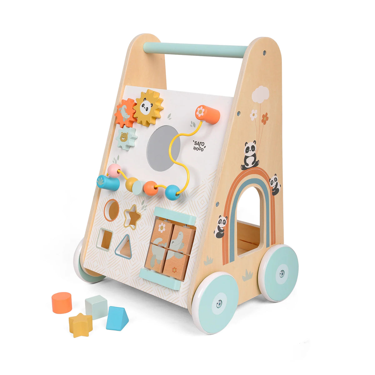 Antemergator cu Activitati din Lemn FSC Saro Baby ,   7 Jocuri Interactive, Roti Anti-Alunecare   Montessori 12M+