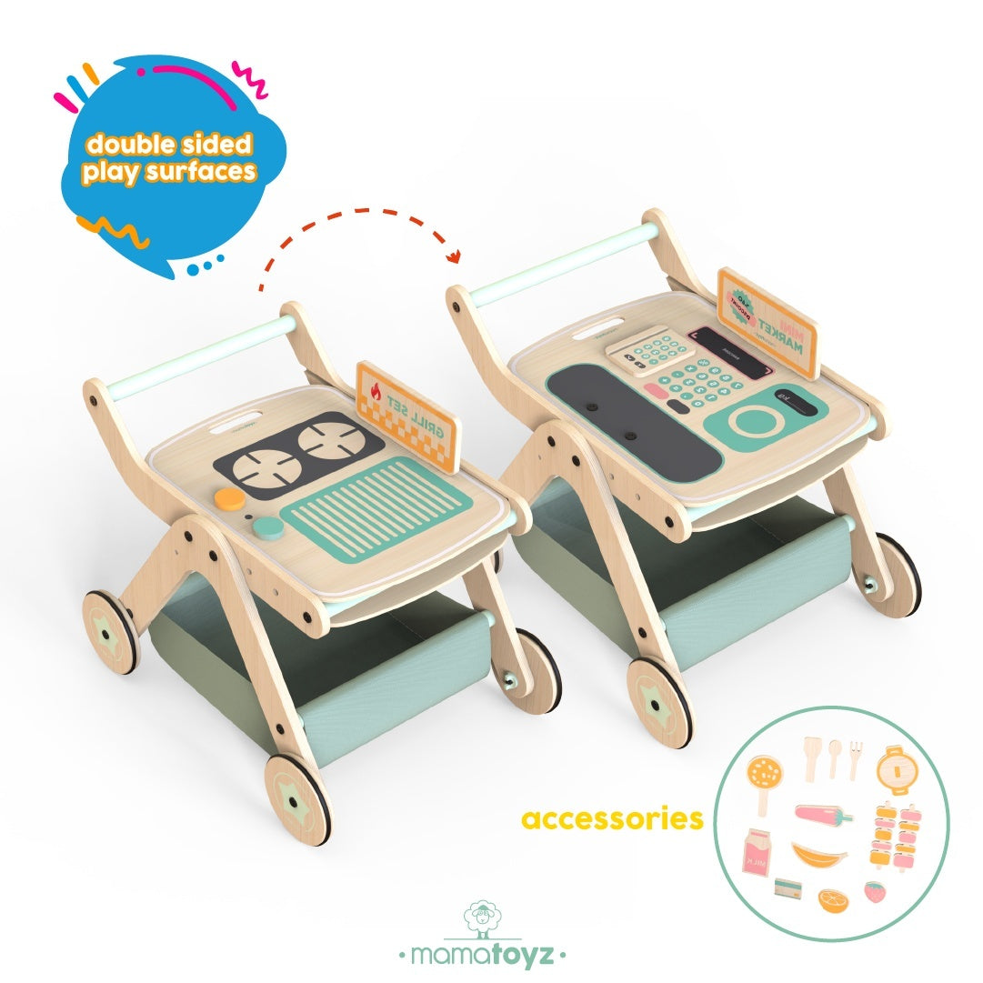 Antepremergator model BBQ din lemn 5 in 1 MamaToyz cu masuta de activitati