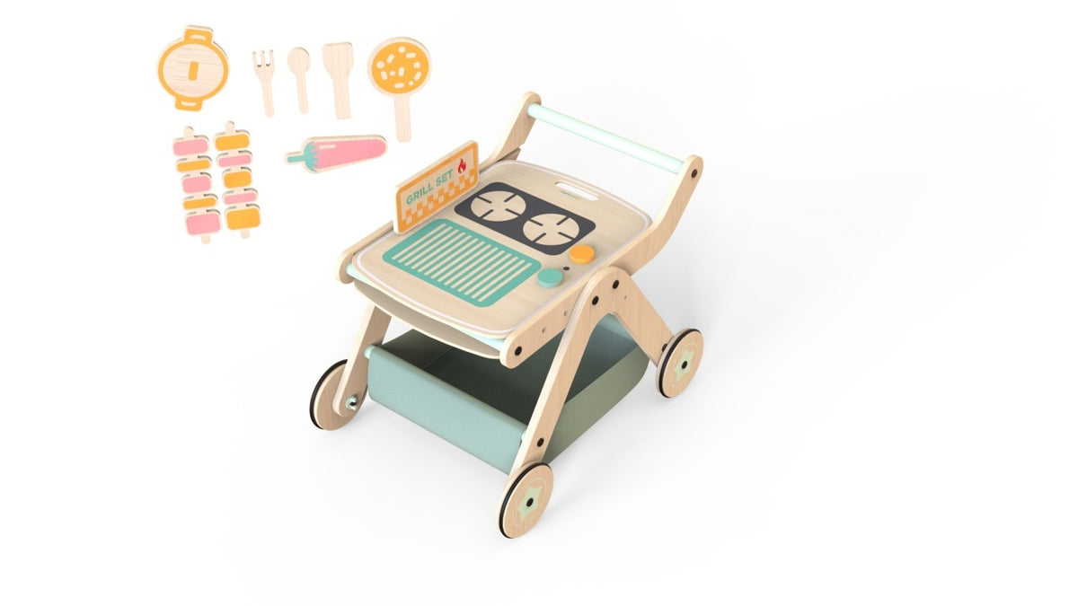 Antepremergator model BBQ din lemn 5 in 1 MamaToyz cu masuta de activitati