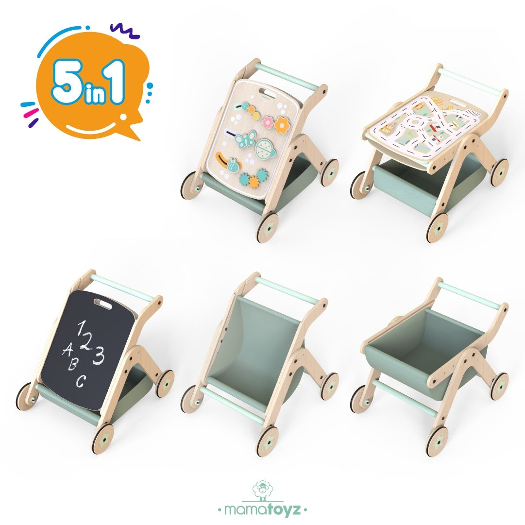 Antepremergator model CITY din lemn 5 in 1 MamaToyz cu masuta de activitati
