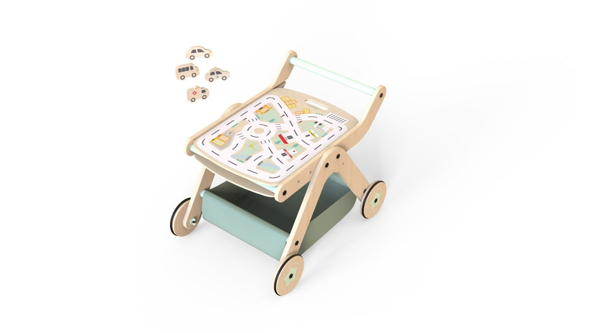 Antepremergator model CITY din lemn 5 in 1 MamaToyz cu masuta de activitati