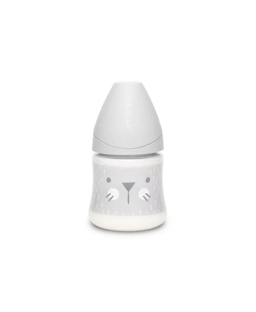 Biberon 150 ml cu tetină rotundă din silicon, debit lent, pisică gri Hygge Suavinex