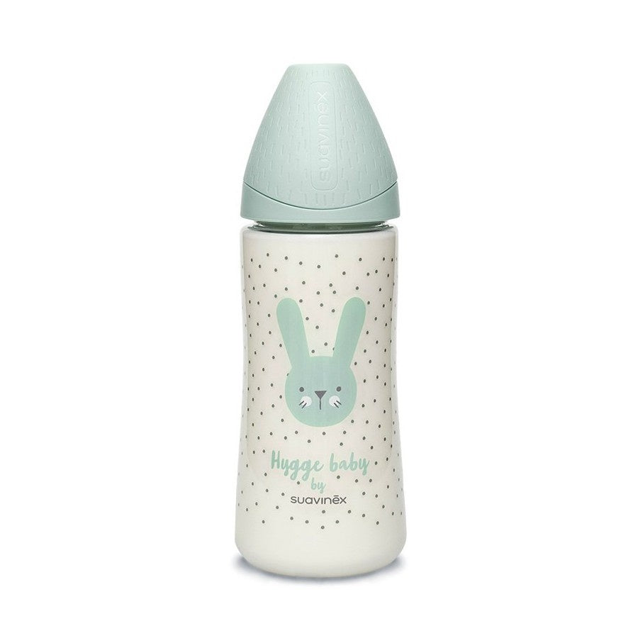 Biberon 360 ml cu tetină rotundă din silicon, debit dens, iepuraș verde Hygge Suavinex