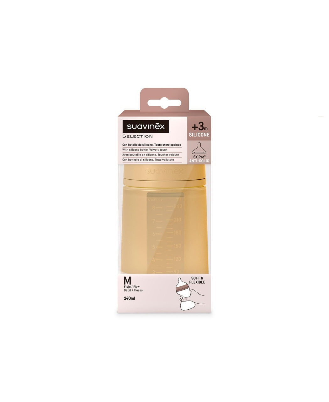 Biberon din silicon, 240ml, Colour Essence SX Pro debit mediu, galben muștar