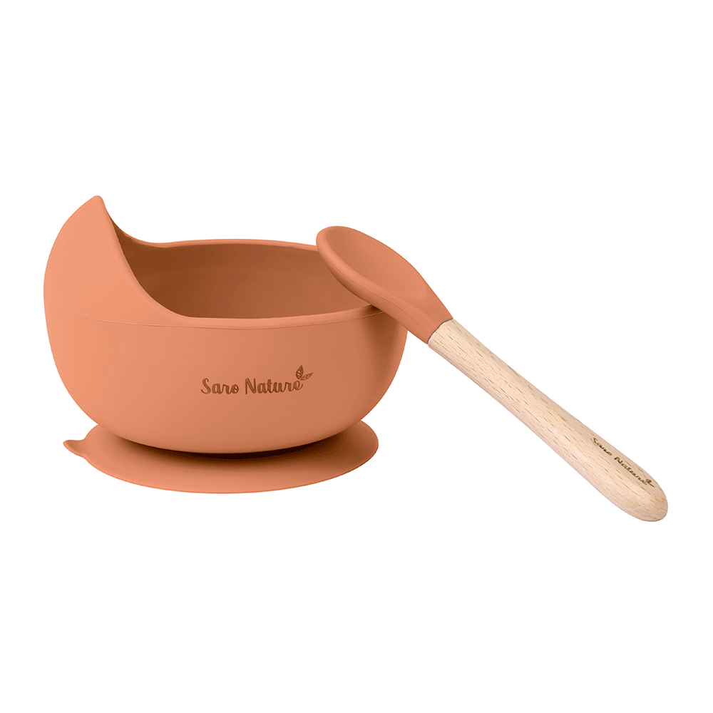 Set Hranire Saro , zNordic Wave   Copper ,   Bol Silicon 250ml cu Ventuza + Lingura Silicon E i Lemn de Fag   BLW 6M+