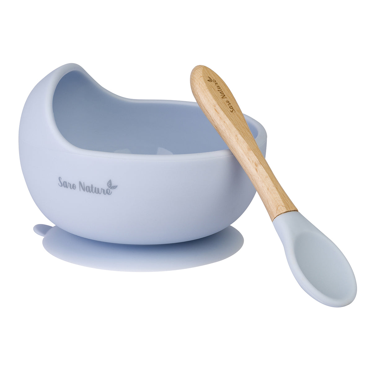 Set Hranire Saro , zNordic Wave   Babyblue ,   Bol Silicon 250ml cu Ventuza + Lingura Silicon E i Lemn de Fag   BLW 6M+