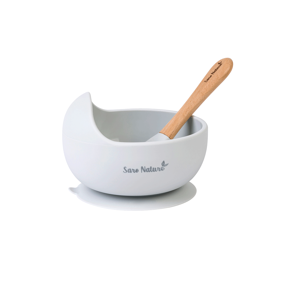 Set Hranire Saro , zNordic Wave   Gri ,   Bol Silicon 250ml cu Ventuza + Lingura Silicon E i Lemn de Fag   BLW 6M+