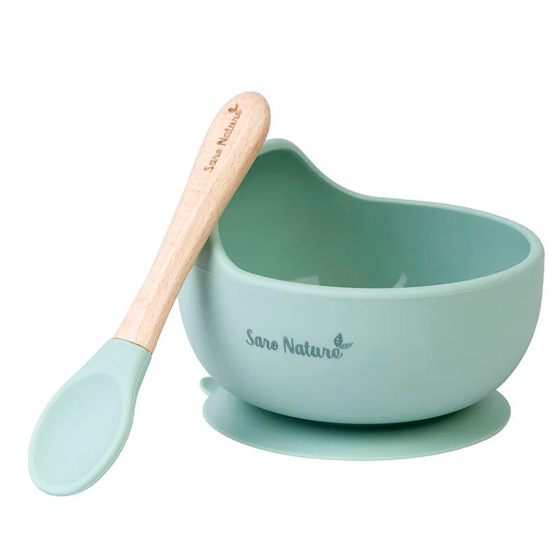 Set Hranire Saro , zNordic Wave   Mint ,   Bol Silicon 250ml cu Ventuza + Lingura Silicon E i Lemn de Fag   BLW 6M+