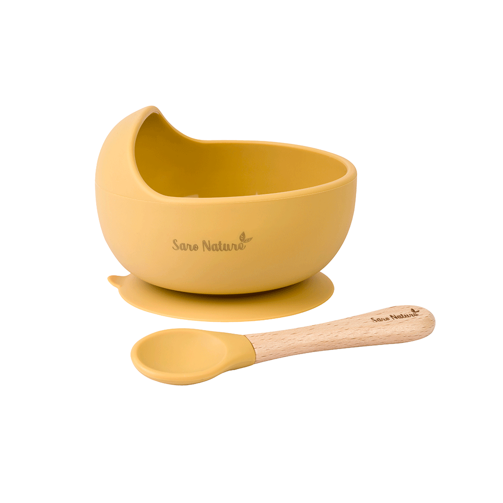 Set Hranire Saro , zNordic Wave   Mustard ,   Bol Silicon 250ml cu Ventuza + Lingura Silicon E i Lemn de Fag   BLW 6M+