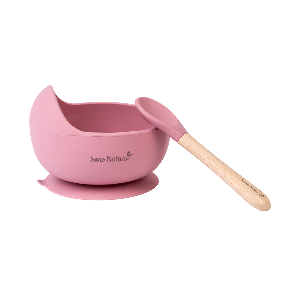 Set Hranire Saro , zNordic Wave   Rose ,   Bol Silicon 250ml cu Ventuza + Lingura Silicon E i Lemn de Fag   BLW 6M+