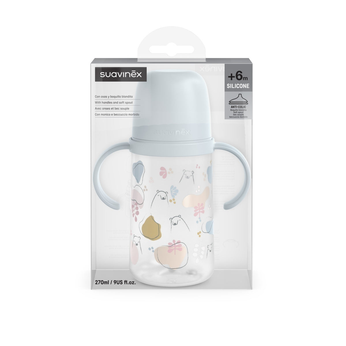 Cana cu muștiuc din silicon, 270 ml, Bears, albastru, Suavinex