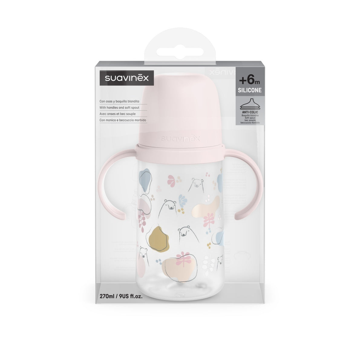 Cana cu muștiuc din silicon, 270 ml, Bears, roz, Suavinex