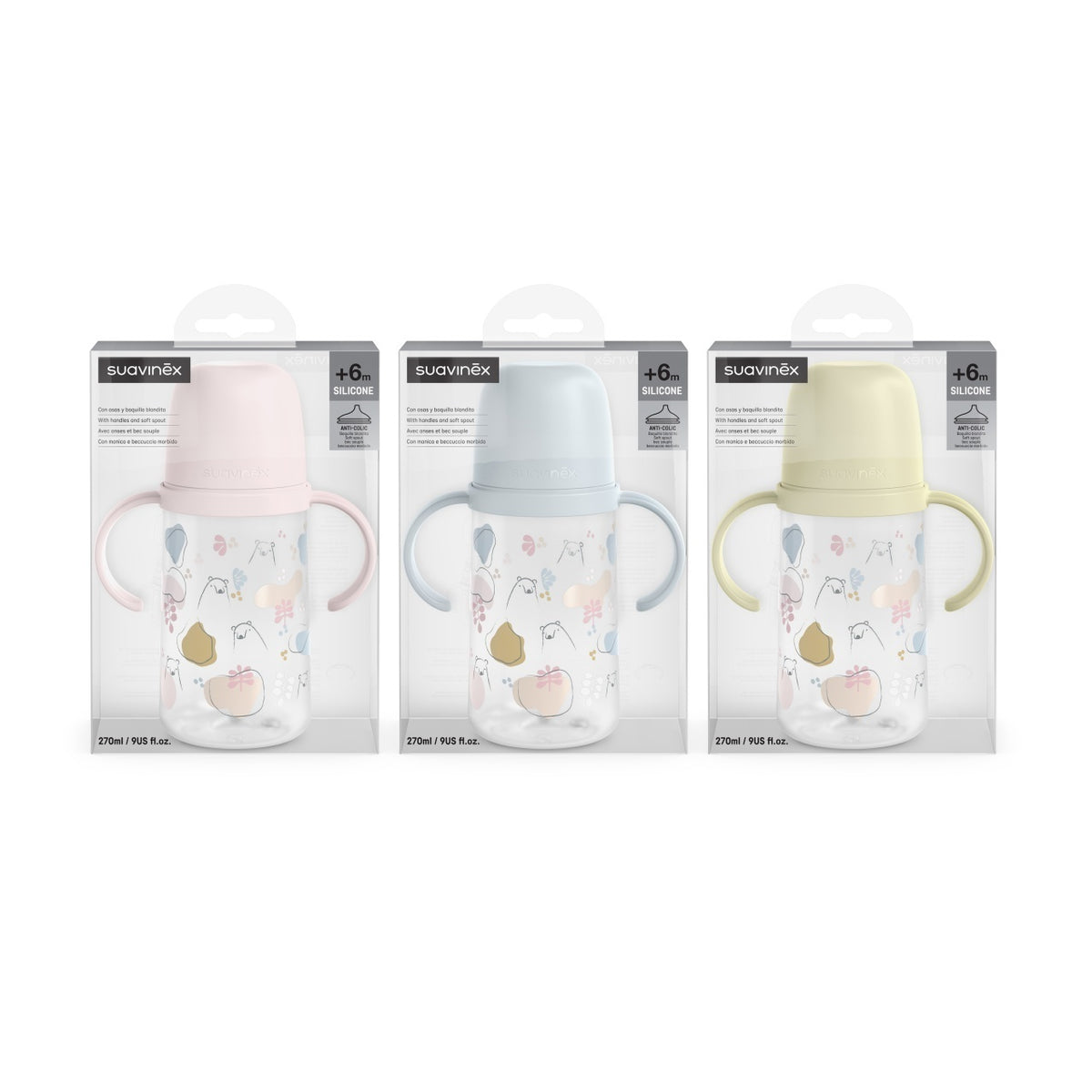 Cana cu muștiuc din silicon, 270 ml, Bears, roz, Suavinex
