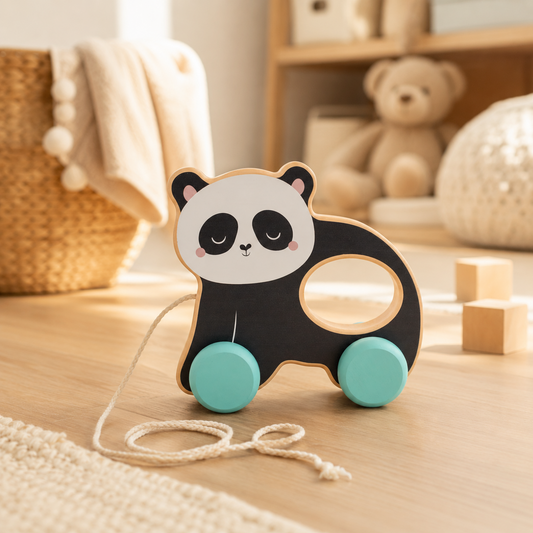 Jucarie de Tras Pull Along Panda Saro Baby ,   Lemn FSC, Funie Bumbac   Primii PaE i 12M+