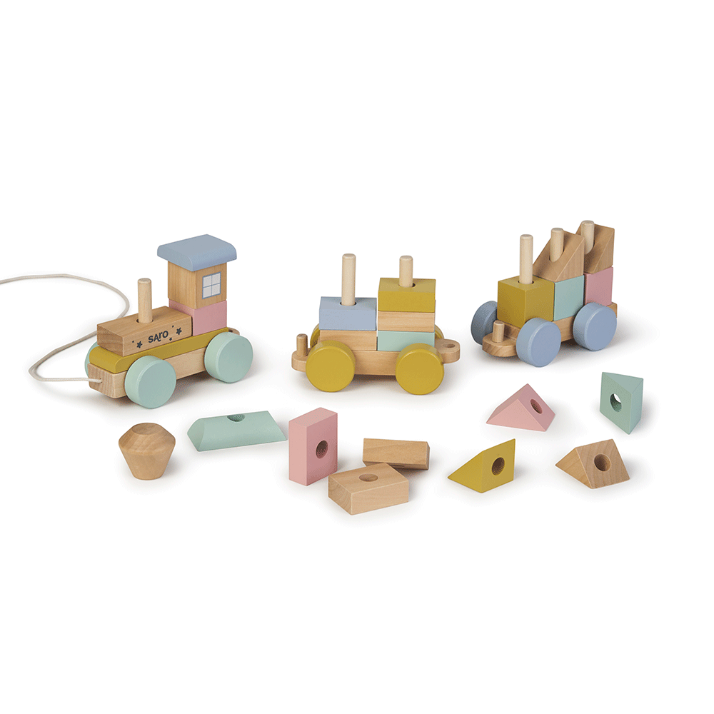 Trenulet cu Forme de Construit Saro Baby ,   Lemn FSC, Stivuire E i Sortare   +18M