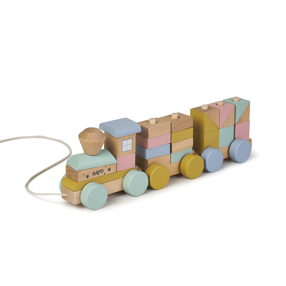 Trenulet cu Forme de Construit Saro Baby ,   Lemn FSC, Stivuire E i Sortare   +18M