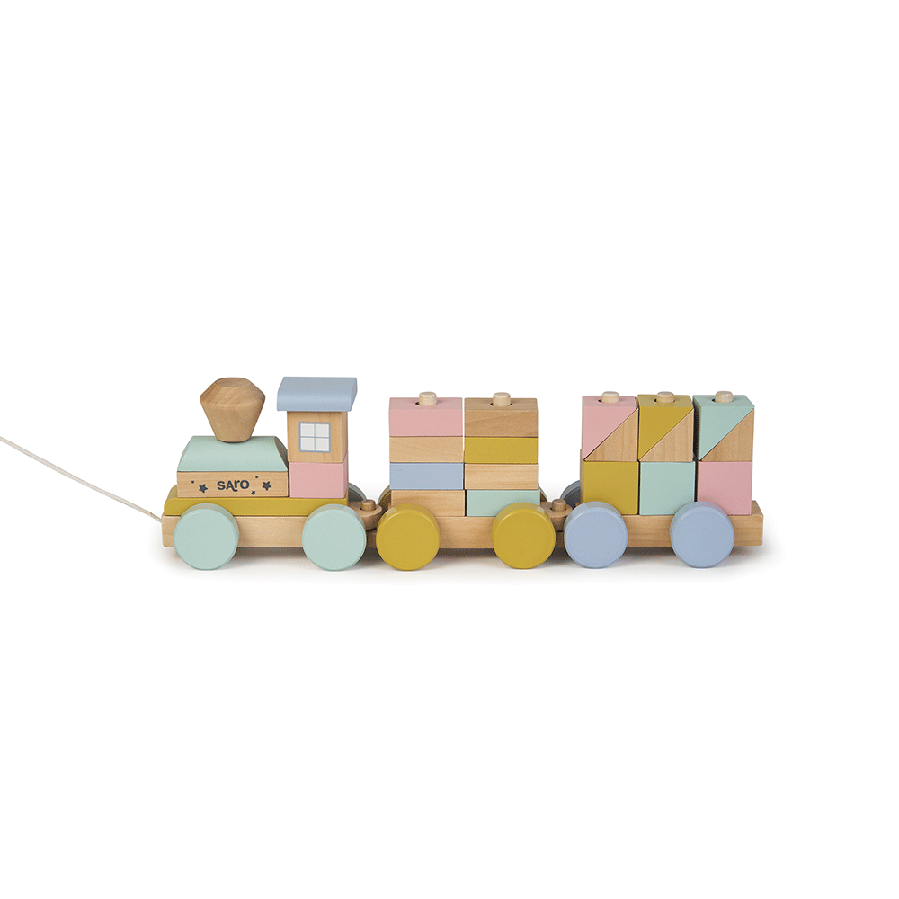 Trenulet cu Forme de Construit Saro Baby ,   Lemn FSC, Stivuire E i Sortare   +18M