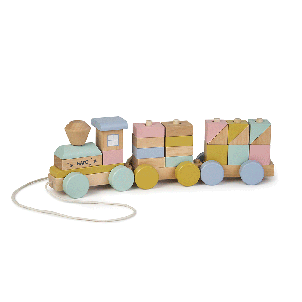 Trenulet cu Forme de Construit Saro Baby ,   Lemn FSC, Stivuire E i Sortare   +18M