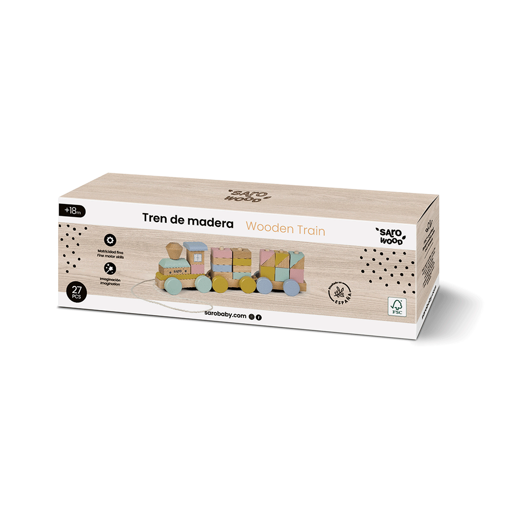 Trenulet cu Forme de Construit Saro Baby ,   Lemn FSC, Stivuire E i Sortare   +18M