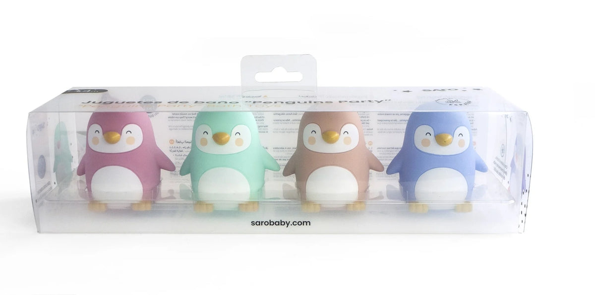 Set 4 Jucarii de Baie Pinguini Penguins Party, Fara Gauri, Fara BPA Ftalati, Sigure pentru Dentitie