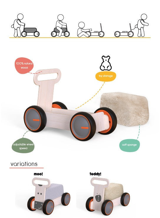 Masinuta ride-on, premergator si carucior de jucarii MamaToyz DriveMe Soft, Vacuta - Jucarie din lemn 3 in 1