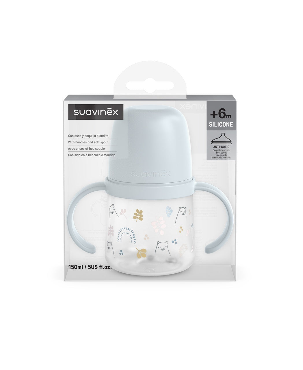 Prima cană cu muștiuc din silicon 150 ml, +4l, Bears, albastru, Suavinex