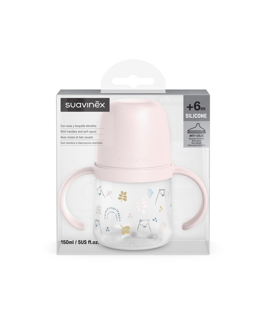 Prima cană cu muștiuc din silicon 150 ml, +4l, Bears, roz, Suavinex