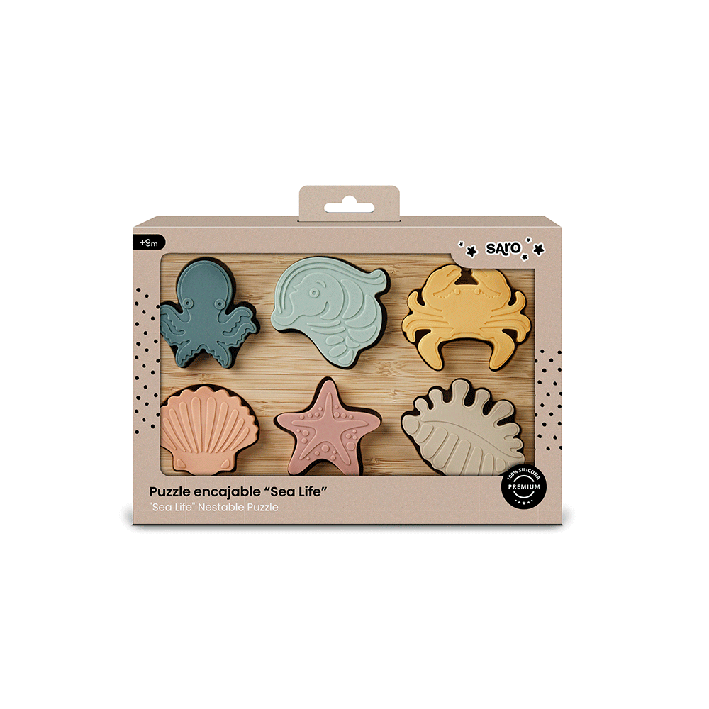 Puzzle Sea Life Saro Baby ,   Silicon Alimentar E i Bambus, Dentitie   Forme E i Culori 9M+