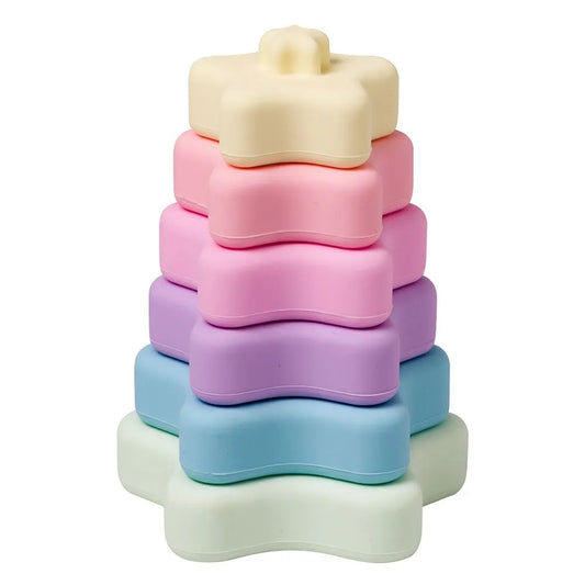 Jucarie Dentitie E i Stivuire Saro Baby Rainbow ,   6 Stele Silicon Alimentar   Curcubeu 0M+
