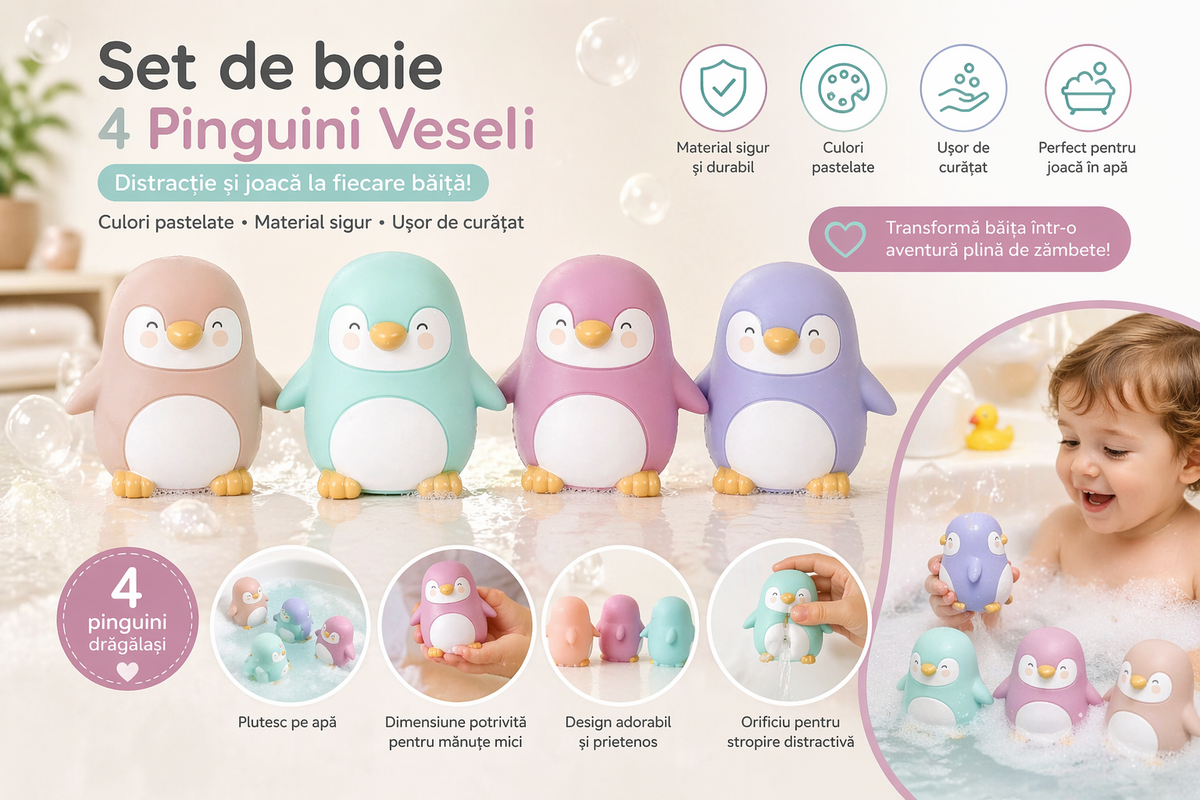 Set 4 Jucarii de Baie Pinguini Penguins Party, Fara Gauri, Fara BPA Ftalati, Sigure pentru Dentitie