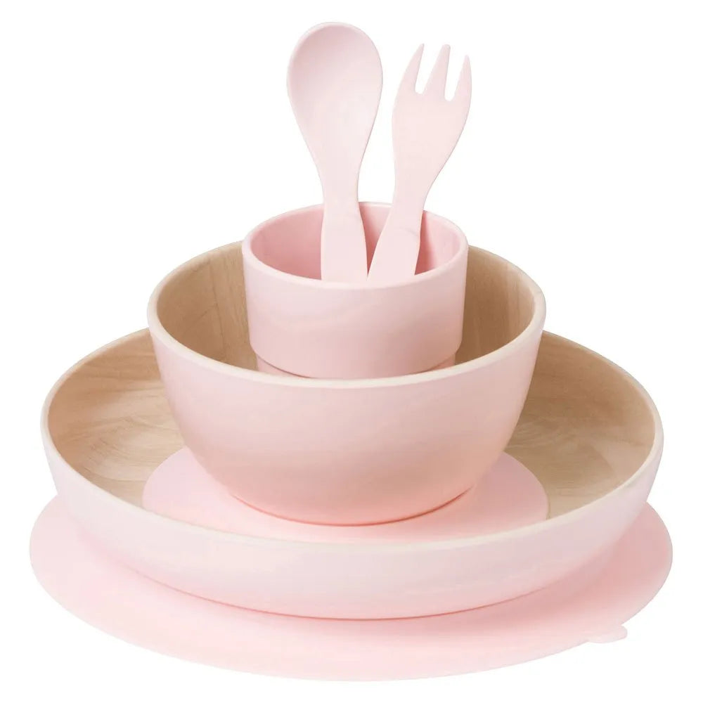Set complet de masa, 5 piese, cu ventuza,   Nordic   Roz ,   Farfurie, Castron, Cana, Lingurita, Furculita   Efect Lemn