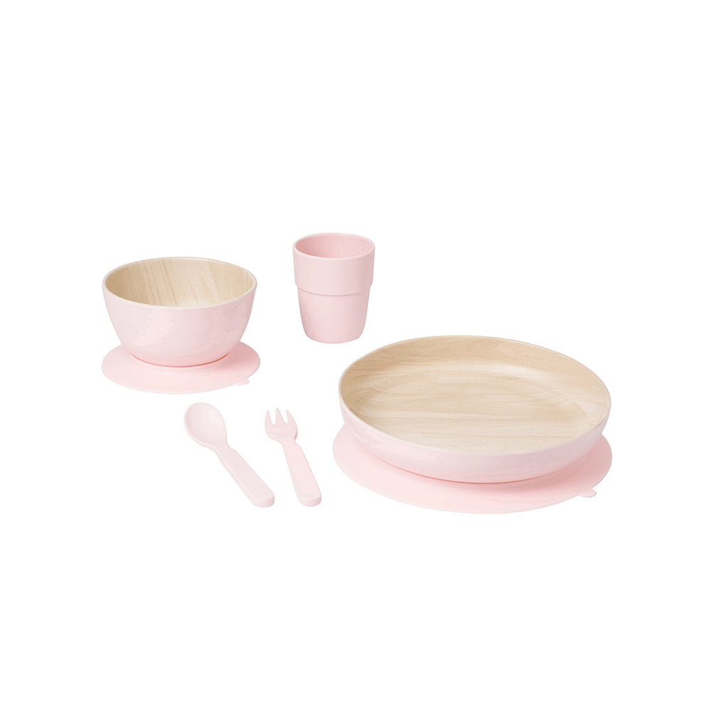 Set complet de masa, 5 piese, cu ventuza,   Nordic   Roz ,   Farfurie, Castron, Cana, Lingurita, Furculita   Efect Lemn