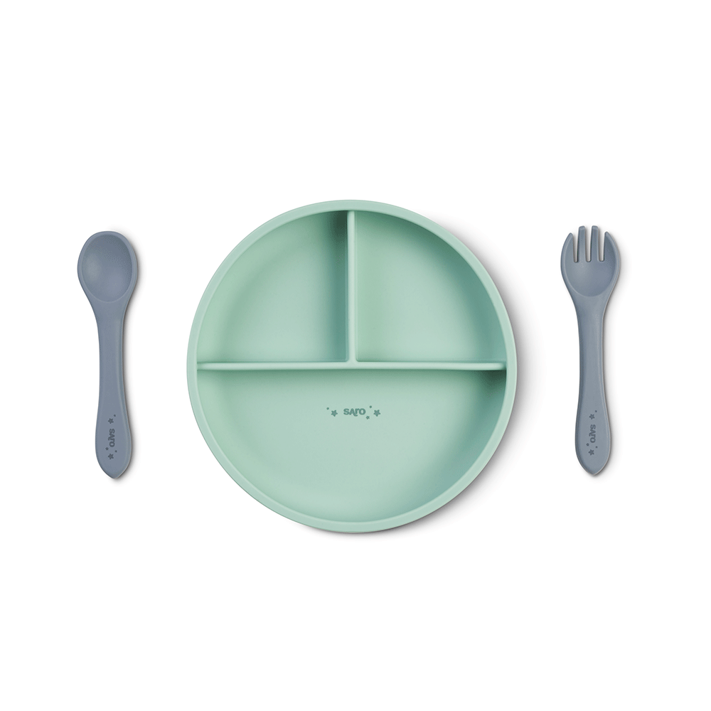 Set diversificare bebeluE i, silicon alimentar premium, 4 piese ,   farfurie sectionata, lingurita, furculita, cana ,    , œFood  Fun,   Mint