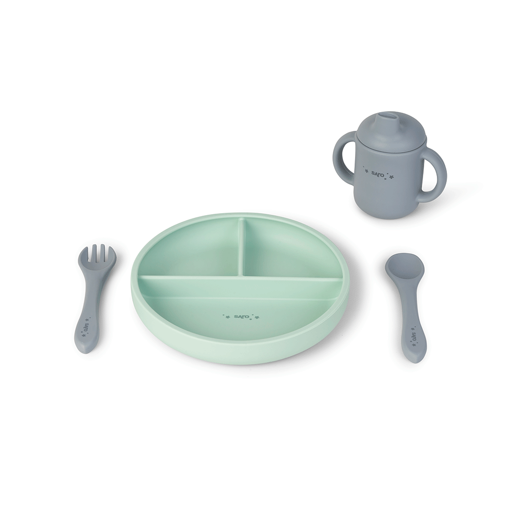Set diversificare bebeluE i, silicon alimentar premium, 4 piese ,   farfurie sectionata, lingurita, furculita, cana ,    , œFood  Fun,   Mint