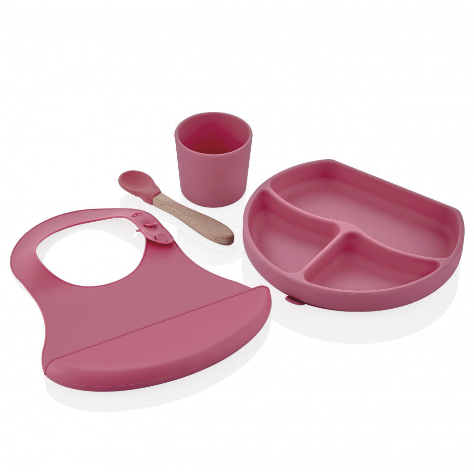 Set diversificare 4 piese din silicon BabyJem: bavetica, farfurie, lingurita si pahar