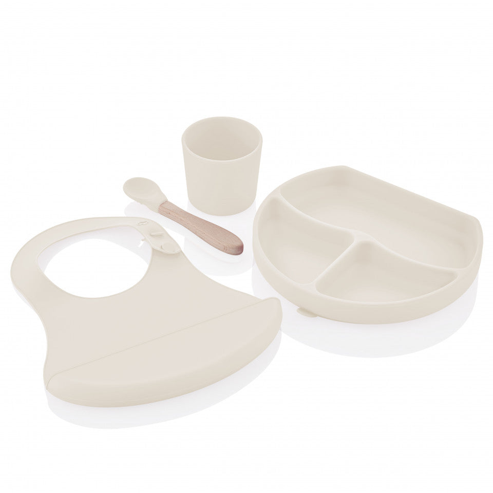 Set diversificare 4 piese din silicon BabyJem: bavetica, farfurie, lingurita si pahar