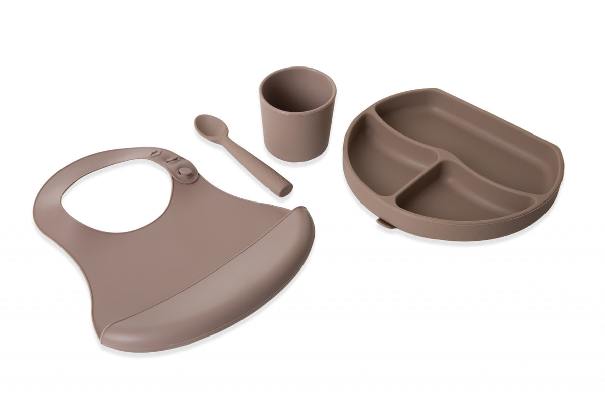 Set diversificare 4 piese din silicon BabyJem: bavetica, farfurie, lingurita si pahar