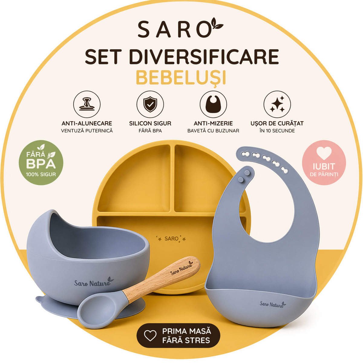 Set diversificare bebeluE i Saro ,   farfurie silicon + bol cu ventuza + baveta   Anti-mizerie, sigur, uE or de curatat