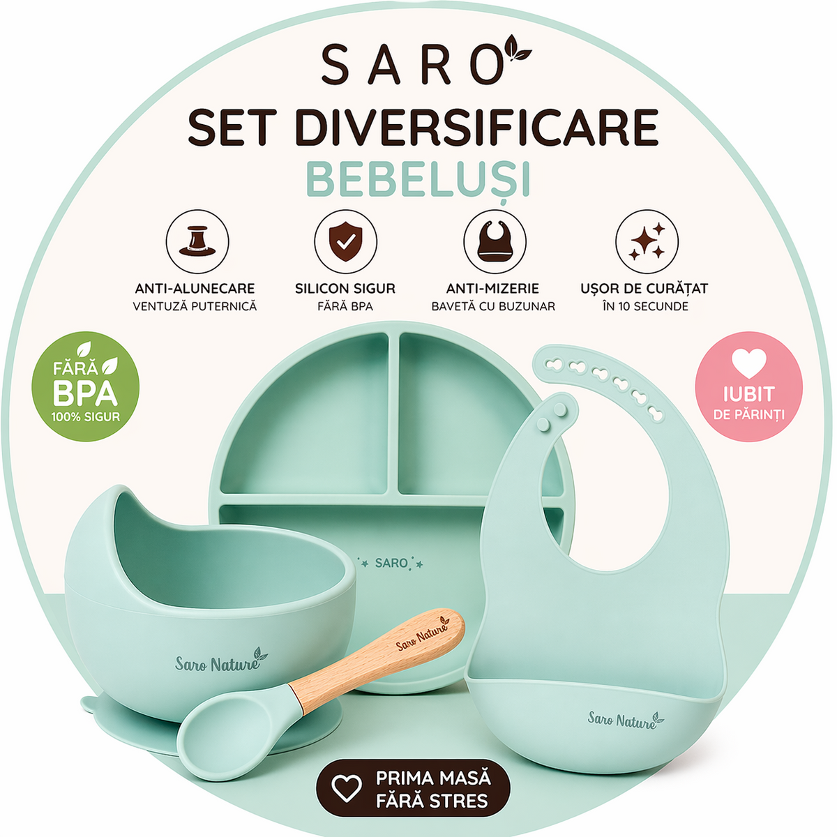 Set diversificare bebeluE i Saro ,   farfurie silicon + bol cu ventuza + baveta   Anti-mizerie, sigur, uE or de curatat