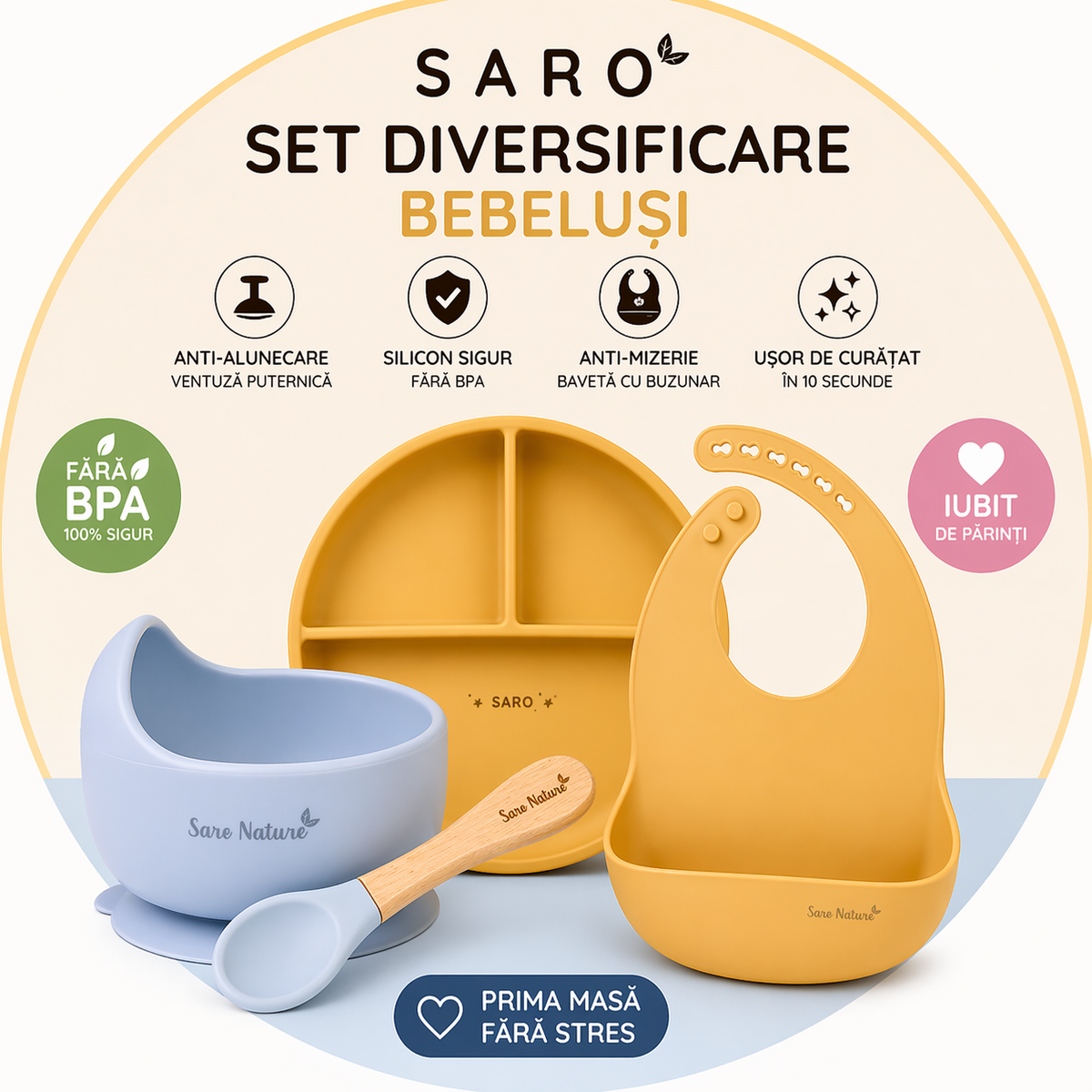Set diversificare bebeluE i Saro ,   farfurie silicon + bol cu ventuza + baveta   Anti-mizerie, sigur, uE or de curatat