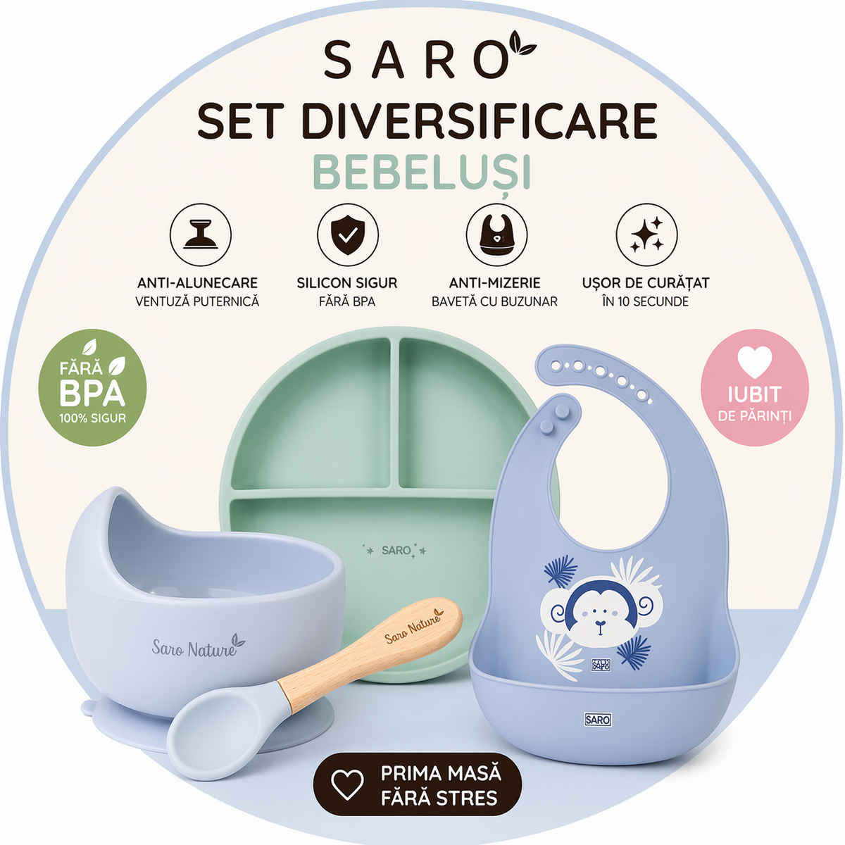 Set diversificare bebeluE i Saro ,   farfurie silicon + bol cu ventuza + baveta   Anti-mizerie, sigur, uE or de curatat
