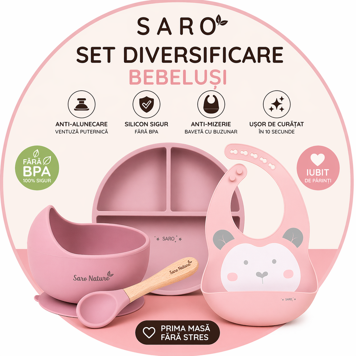 Set diversificare bebeluE i Saro ,   farfurie silicon + bol cu ventuza + baveta   Anti-mizerie, sigur, uE or de curatat