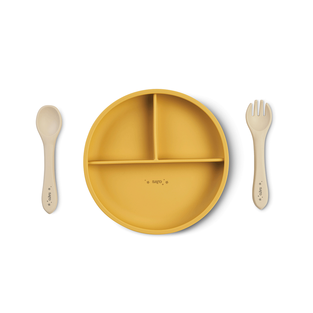 Set diversificare bebeluE i, silicon alimentar premium, 4 piese ,   farfurie sectionata, lingurita, furculita, cana ,    , œFood  Fun,   Mustard